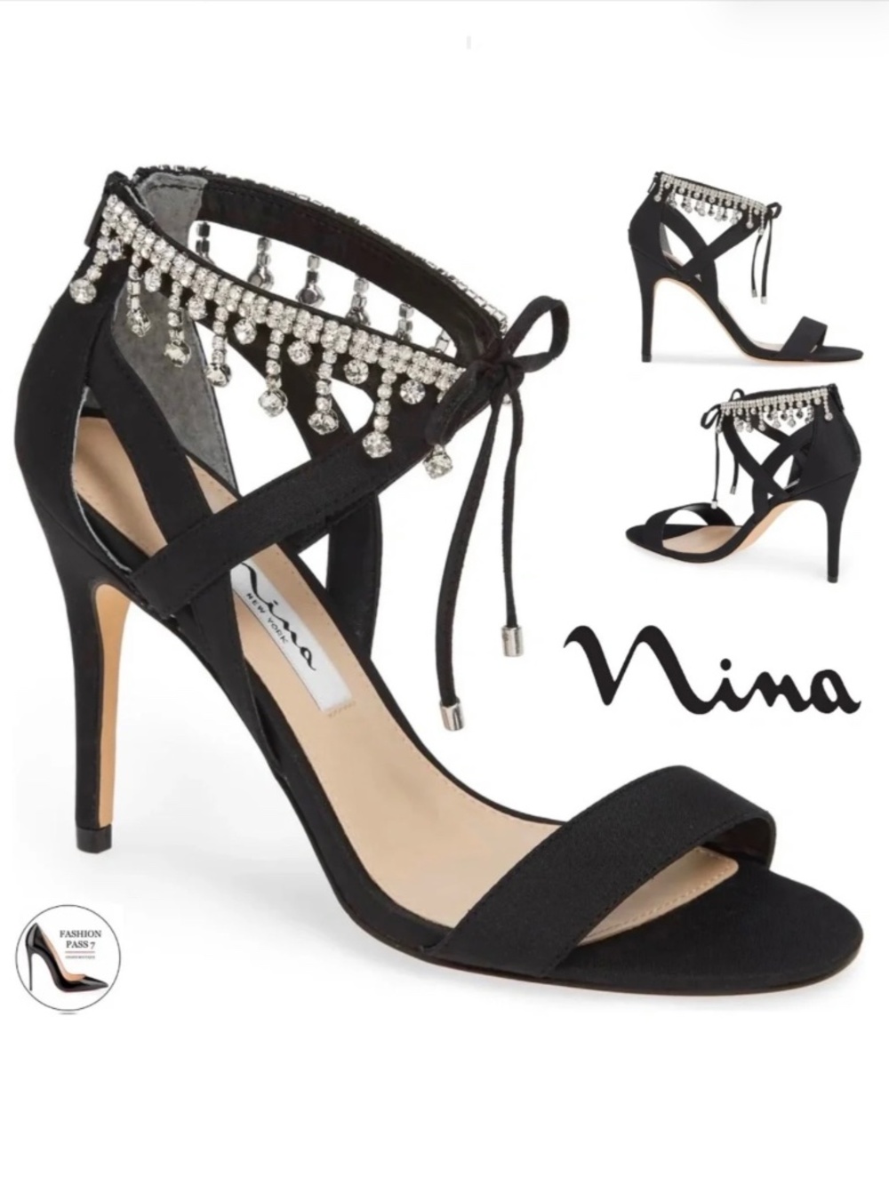 Nina Collina Black Satin Heeled Sandals Evening Stiletto Heel Pump Dress Shoes 8